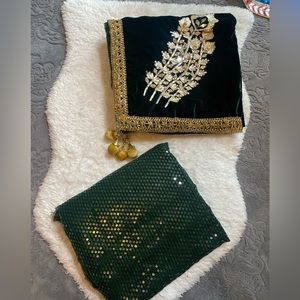 Unstitched Indian Pakistani Suit with velvet stol